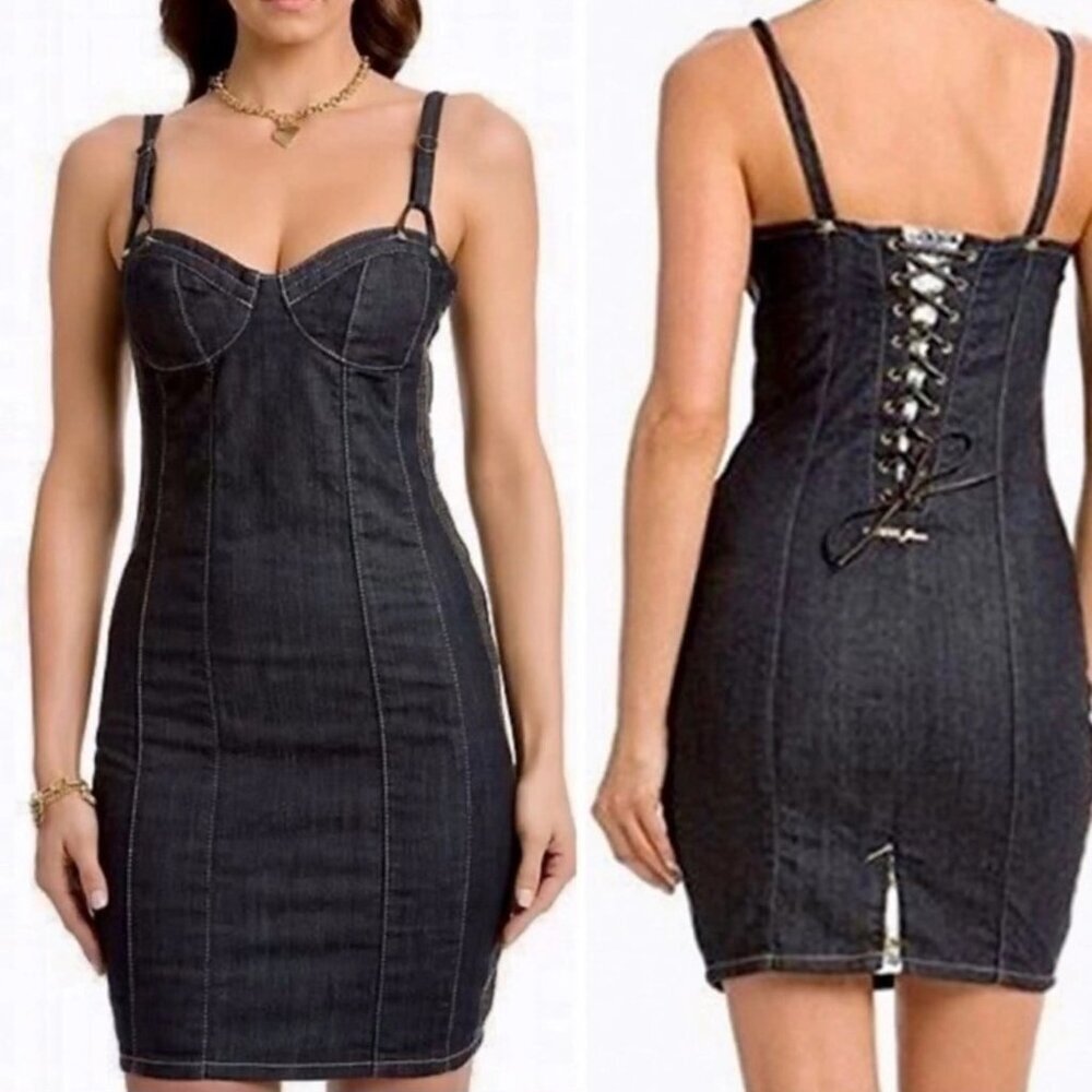Guess Jeans Y2K Denim Lace Up Back Corset Bodycon Bustier Mini Dress Size 1 XS - Picture 1 of 16
